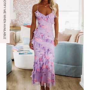 Floral Ruffle Maxi Dress in Purple and Pink